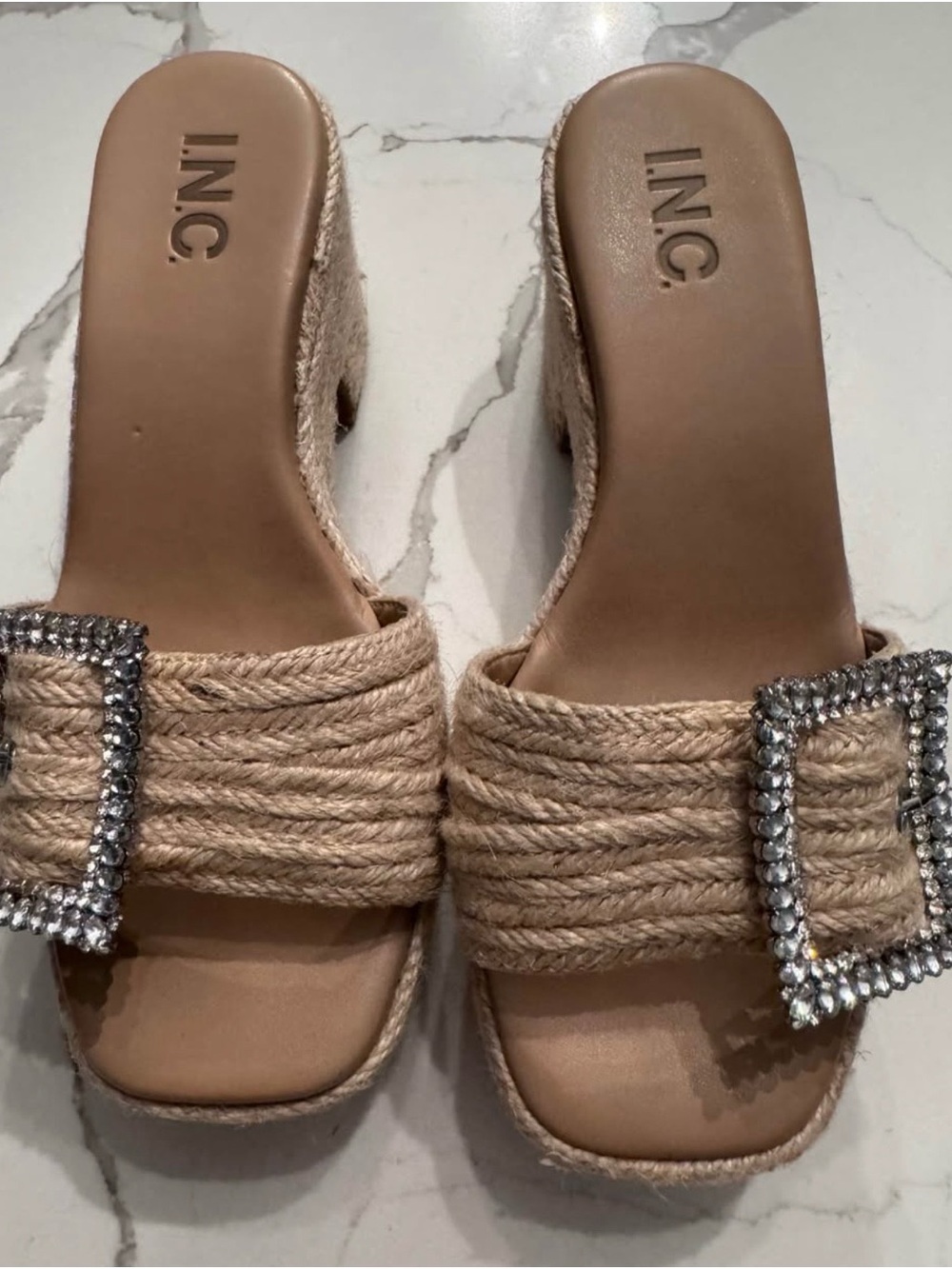 INC International Concepts Tan Braided Slide Mules with Crystal Buckles